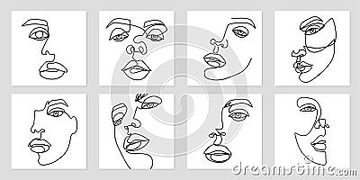 One Line art portraits. Abstract female face painting. Woman contour silhouette. Continuous drawing posters Vector Illustration