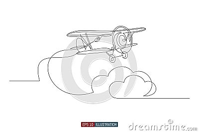 Continuous line drawing of vintage biplane. Hand drawn retro airplane. Vector illustration. Vector Illustration