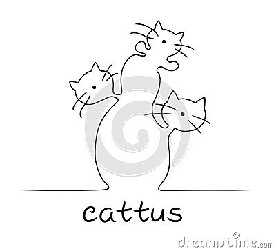One line cactus in the form of cats. Vector Illustration