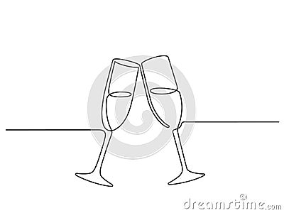 One line champagne toast. Continuous linear couple wine glasses clink. Wedding party cheers. Minimalist new year Vector Illustration