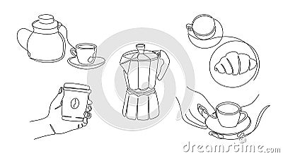 One line coffee. Continuous line teapot with cup of tea, monoline coffee gear and hands holding cups of espresso. Vector Vector Illustration