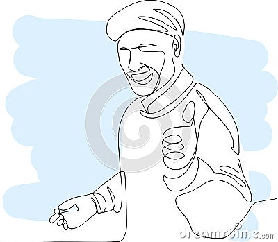 Young man cheerful in sterile clothes in factory Vector Illustration