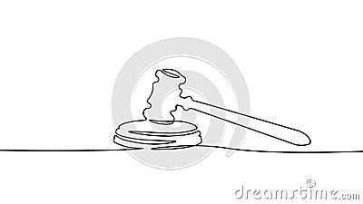 One line continuous judgment lawyer hammer symbol concept. Crime punishment verdict justice system government. Digital Vector Illustration