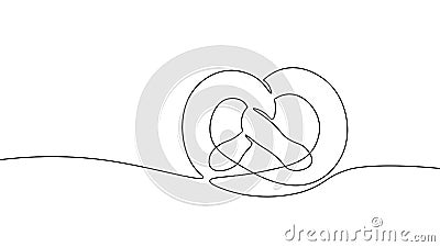 One line continuous pretzel bakery symbol concept. Silhouette bread salty German snack icon. Digital white single line Vector Illustration