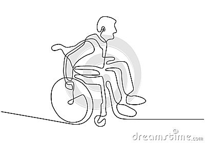 one line disability person on wheelchair. Vector people with injury and broken legs need medical help. Drawing of simplicity Vector Illustration