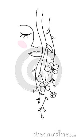 One line drawing. Abstract beautiful girl with flower and leaf in long healthy hair. Female natural cosmetics icon. Vector Illustration