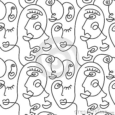 One line drawing abstract face seamless pattern. Modern minimalism art, aesthetic contour. Continuous line background Vector Illustration