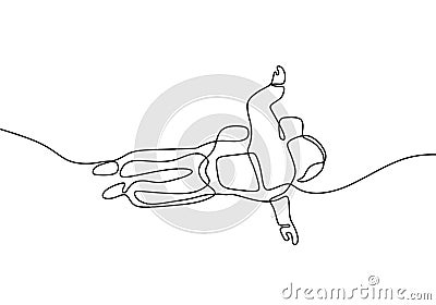 One line drawing astronaut flying on space minimalism design isolated on white background Vector Illustration