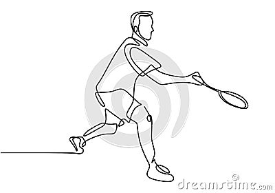 One line drawing or continuous line drawing of badminton player. A person playing badminton sport game. Professional athlete. Vector Illustration