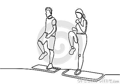 One line drawing of couple doing yoga exercise. Young man and woman standing with one legs and doing stretching yoga isolated on Vector Illustration