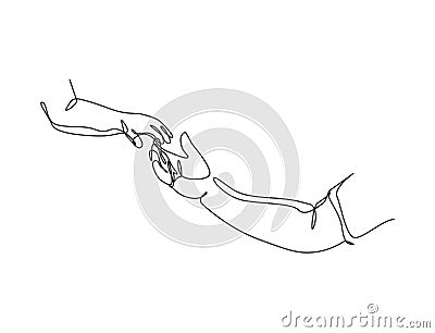 One line drawing of father giving hand to his child. Parenting motherhood loving care. Happy family in continuous line drawing Vector Illustration