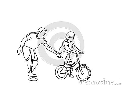 One line drawing of father helping child to drive bicycle Vector Illustration