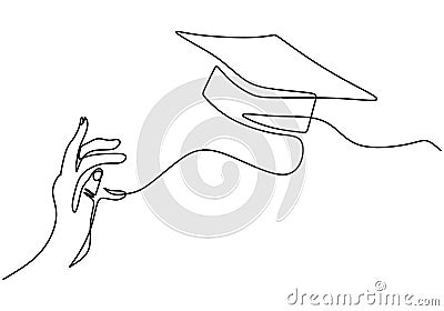 One line drawing group of young happy graduate hand`s college student jump while throwing the graduation cap. A male express to Vector Illustration