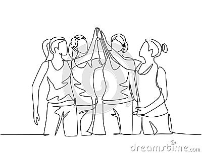 One line drawing of group of young happy women giving high five gestures after doing some aerobics exercise at gymnasium together Vector Illustration