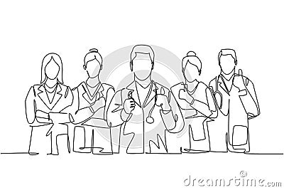 One line drawing of groups of young happy male and female doctors giving thumbs up gesture as service excellence symbol. Medical Vector Illustration