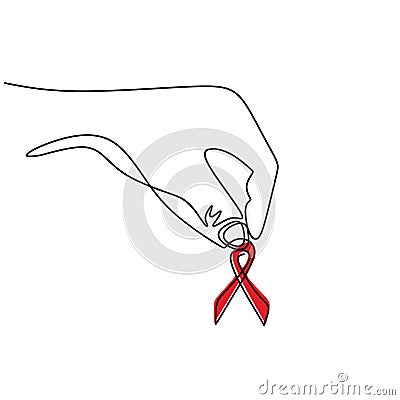 One line drawing of hand holding red ribbon symbol for aids. Prevention and protection HIV Aids minimalism design. World AIDS Day Vector Illustration