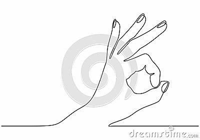 One line drawing of hand showing OK gesture. Contour hand drawn single lineart minimalism continuous style Vector Illustration