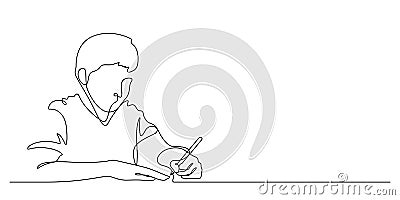 One line drawing of happiness boy student writing Vector Illustration