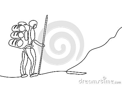 One line drawing of hiker with backpack. Continuous hand drawn person doing hiking, walking on the hill Vector Illustration