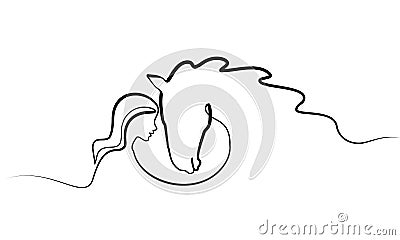 One line drawing. Horse and woman heads logo Vector Illustration