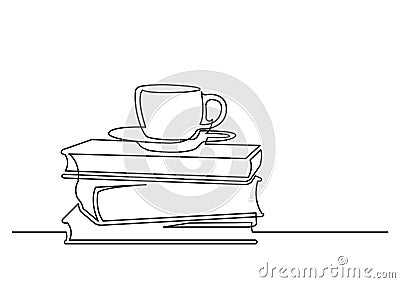 One line drawing of isolated vector object - books and cup of tea Vector Illustration