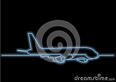 One line drawing of isolated vector object - passenger airplane with neon vector effect Vector Illustration