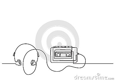 One line drawing of isolated vector object - retro portable cassette player Vector Illustration