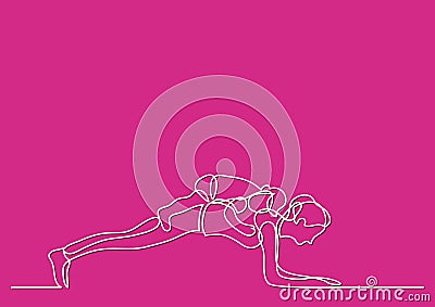 One line drawing of mom doing pushups with her baby on her back Vector Illustration