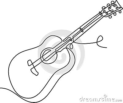 One line drawing of a musical stringed guitar instrument isolated on white background. Continuous one line drawing of Vector Illustration