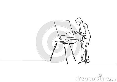 One line drawing of painter artist. A man standing painting an artwork on canvas. Continuous han drawn minimalism Vector Illustration