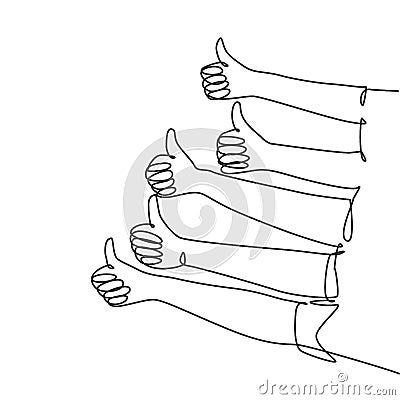 One line drawing of people arm hands with thumbs up gesture. Good service excellence in business sector concept. Continuous line Cartoon Illustration