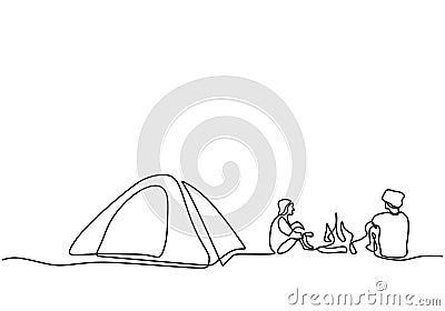 One line drawing people camping. Young man enjoy outdoor activity with tents and campfire. Adventure camping and exploration. Vector Illustration