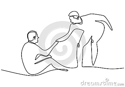 One line drawing of people help the others. Young man helping the other man who have fallen show solidarity gesture. Humanitarian Vector Illustration
