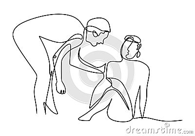 One line drawing of people help the others. Young man helping the other man who have fallen show solidarity gesture. Humanitarian Vector Illustration