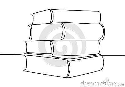 One line drawing of pile of books. Stack of book on desk. Tidy books lined up. Happy study with reading the book. Single hand Vector Illustration
