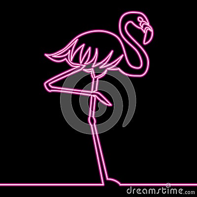One line drawing pink flamingo neon concept Vector Illustration