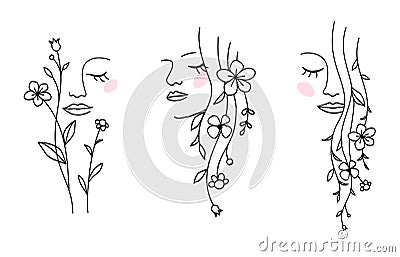 One line drawing. Set of abstract beautiful girl with flower or leaf in long hair. Decorative female beauty icon with floral patte Vector Illustration