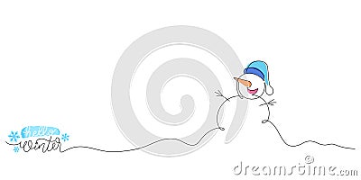 one line drawing of snowman with hello winter inscription Vector Illustration