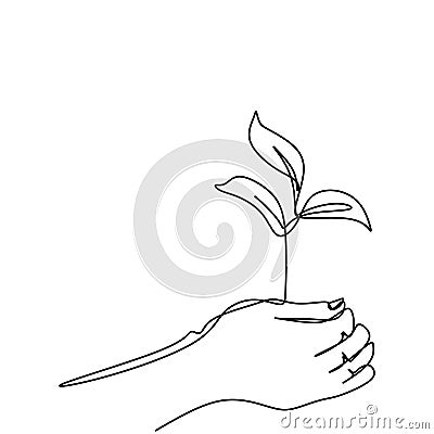 One line drawing of sprout in hand. Seedlings grow in the hands of trees. Environment Earth Day single line vector art. Concept of Vector Illustration