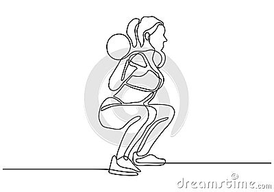 One line drawing of strong woman body builder at gym. Girl workout with lifting barbells during a weightlifting session at Vector Illustration