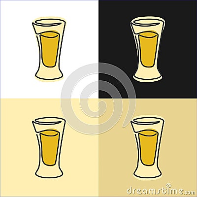 One line drawing tequila glass on various background. Four types of images. Colored cartoon graphic sketch. Continuous line way. Vector Illustration