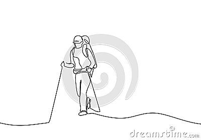 One line drawing of traveler walking continuous design. Person doing hiking on mountain outdoor Vector Illustration