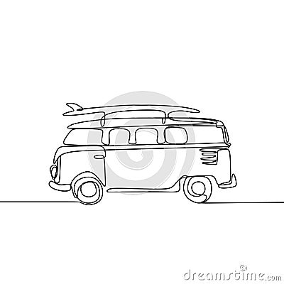 one line drawing of van with surfboard on beach minimalist vector illustration Vector Illustration