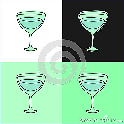 One line drawing vermouth glass on various background. Four types of images. Colored cartoon graphic sketch. Continuous line way. Vector Illustration