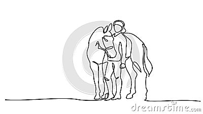 One line drawing. Woman stays with horse Vector Illustration