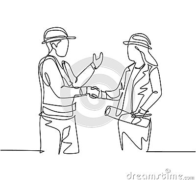 One line drawing of young architect woman and builder foreman wearing construction vest and helmet shaking their hands together. Vector Illustration