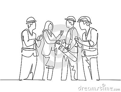 One line drawing of young business woman and architect builder wearing construction vest helmet handshake to deal project. Great Vector Illustration