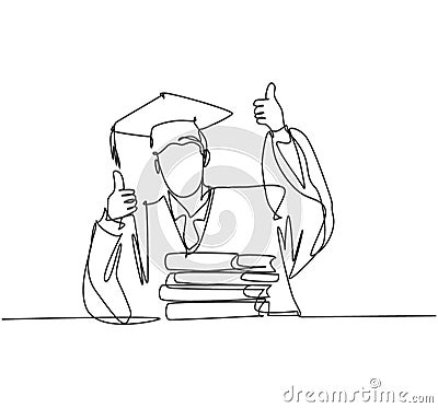 One line drawing of young happy graduate male college student wearing graduation uniform and giving thumbs up gesture in front of Vector Illustration