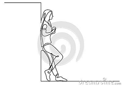 One line drawing of young woman standing thinking Vector Illustration