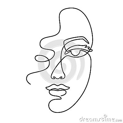 One line face. Minimalist continuous linear sketch woman face. Female portrait black white artwork outline vector hand Vector Illustration